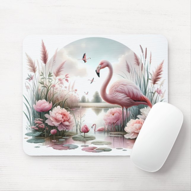 Flamingo i Pastel Pond Blommigt Scene Musmatta (Med mus)
