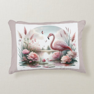 Flamingo i Pastel Pond Blommigt Scene Prydnadskudde