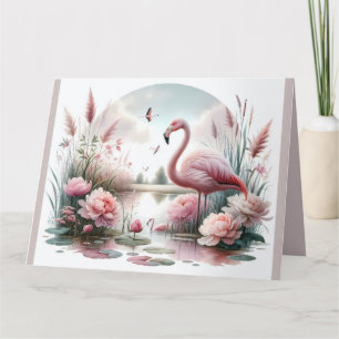 Flamingo i Pastel Pond Blommigt Scene Tack Kort