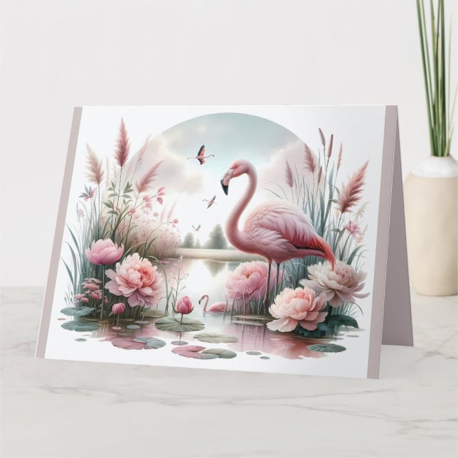 Flamingo i Pastel Pond Blommigt Scene Tack Kort (Framsida)