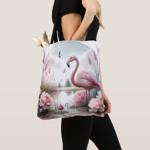 Flamingo i Pastel Pond Blommigt Scene Tygkasse