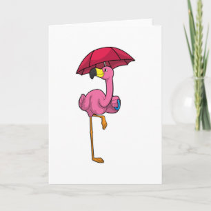 Flamingo i regn med paraply kort