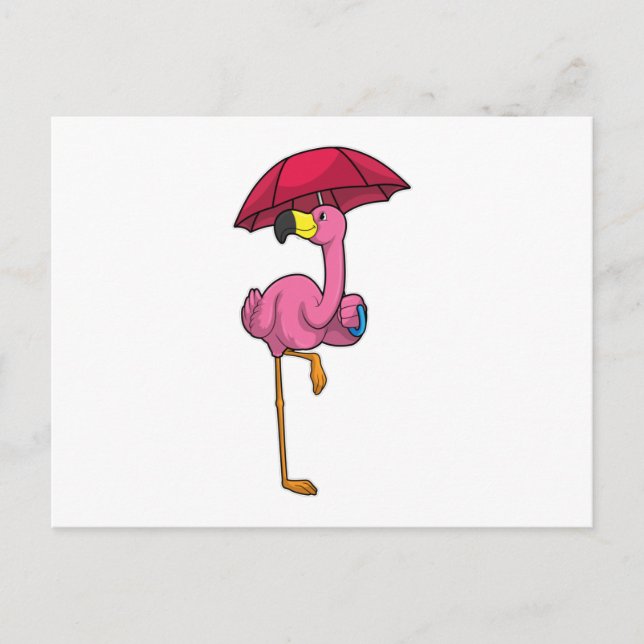 Flamingo i regn med paraply vykort (Framsida)