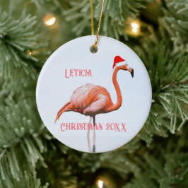 Flamingo i Santa Hat jul Ceramic Ornament