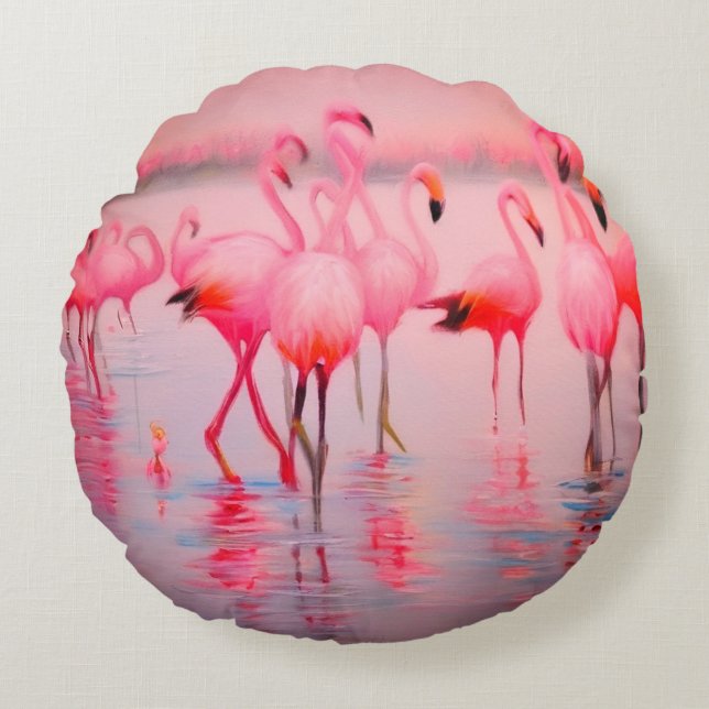 Flamingo i sjö Round Pillow Rund Kudde (Framsidan)