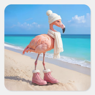 Flamingo iförd vinterscarf och hatt fyrkantigt klistermärke