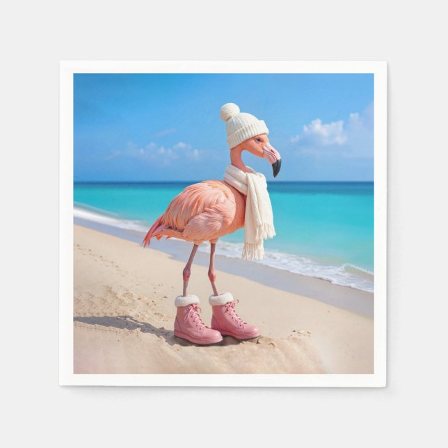 Flamingo iförd vinterscarf och hatt pappersservett (Framsidan)