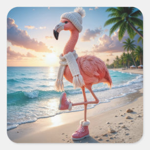Flamingo iförd vinterstövlar och halsduk fyrkantigt klistermärke