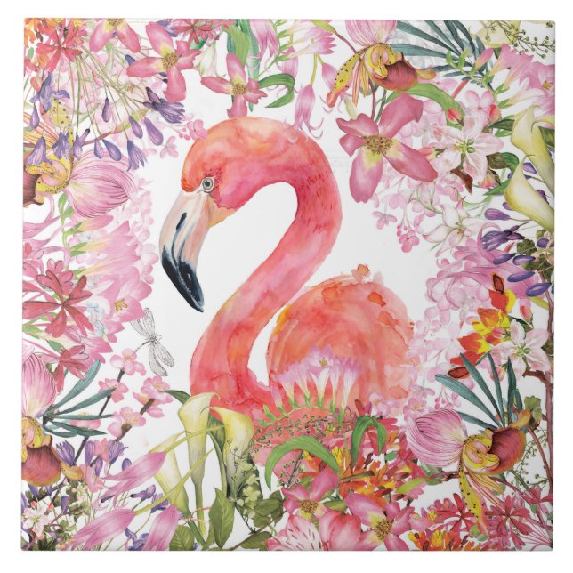 Flamingo in Flower Jungle - Summer Mönster Kakelplatta (Framsidan)