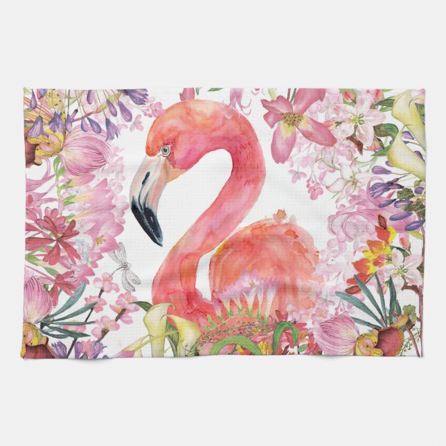 Flamingo in Flower Jungle - Summer Mönster Kökshandduk (Horisontell)