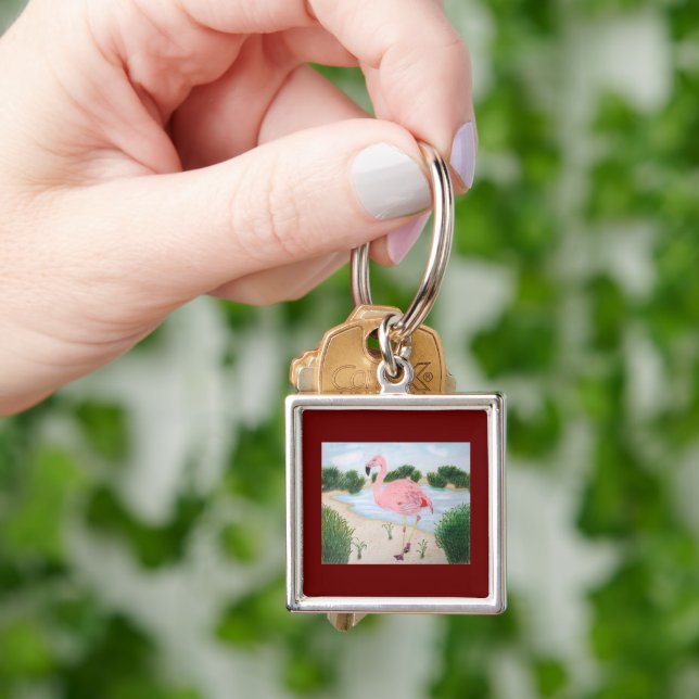 Flamingo in Marsh Keychain Fyrkantig Silverfärgad Nyckelring (Hand)
