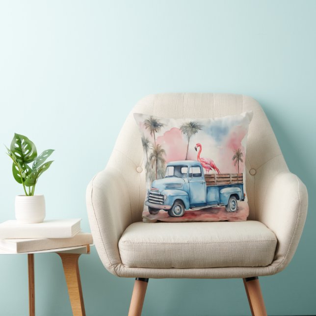 Flamingo in Retro Blue Lastbil Kudde (Stol)