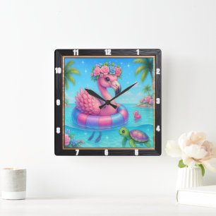 Flamingo Inner Tube Beach Fyrkantig Klocka