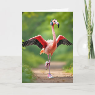 Flamingo joggar med rosa sneakers och hörlurar kort