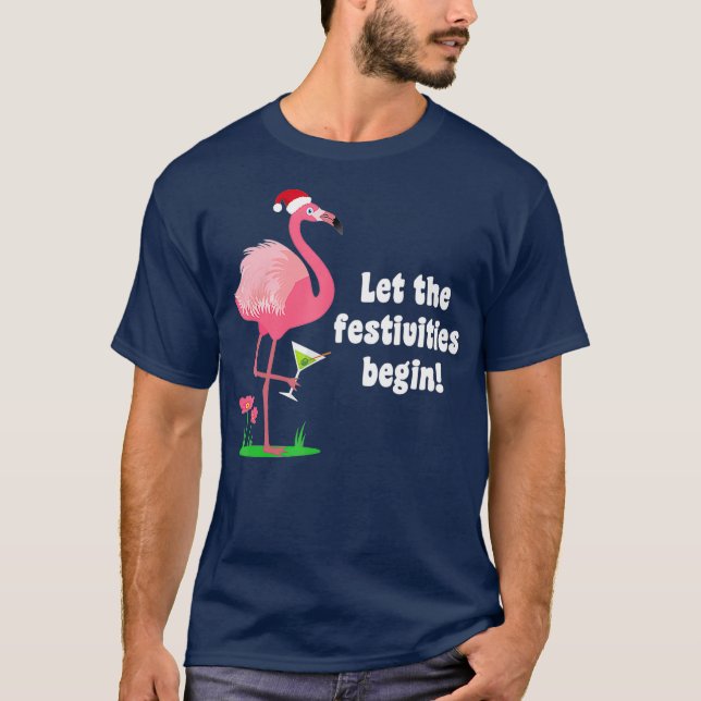 Flamingo jul Bird w Martini Glass Funny T Shirt (Framsida)