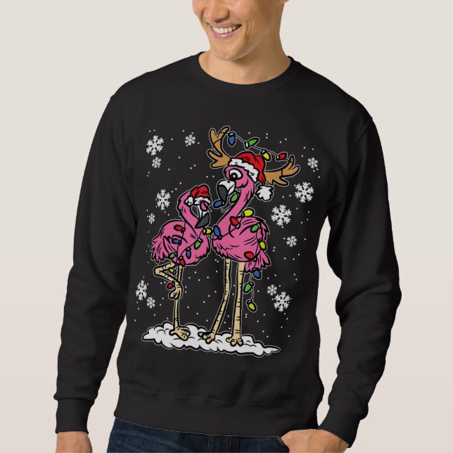 Flamingo jul Ljus Santa Hat Pajama Cute Re Lång Ärmad Tröja (Framsida)