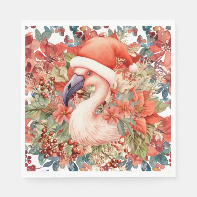 Flamingo jul med Santa Hat och Poinsettia Pappersservett (Framsidan)