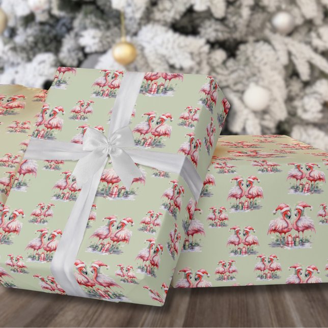 Flamingo-jul Presentpapper (Flamingo Beach Pink Green Christmas Wrapping Paper)