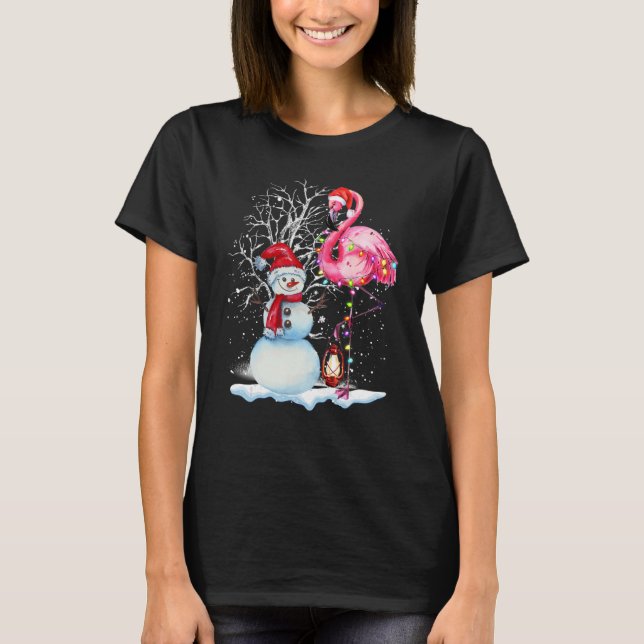 Flamingo Julgran Snögubbe Santa Hat Flamingo T Shirt (Framsida)