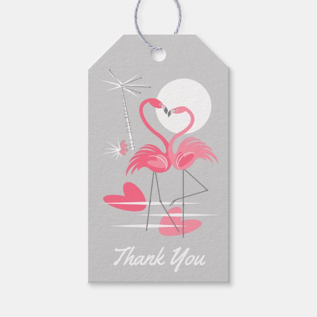 Flamingo Kärlek Tack-text tillbaka grått-märkre Presentetikett (Framsidan)