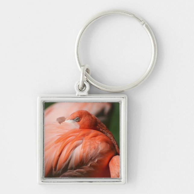 Flamingo Keychain Fyrkantig Silverfärgad Nyckelring (Framsidan)