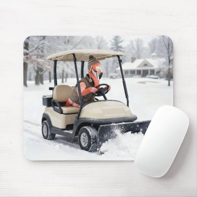 Flamingo kör en golfbil med snöplog musmatta (Med mus)
