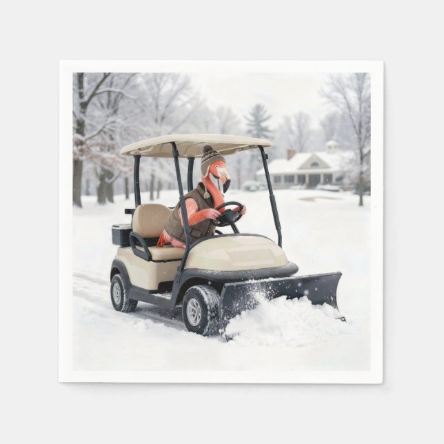 Flamingo Kör Golfkärra Med Snöplog Pappersservett (Framsidan)