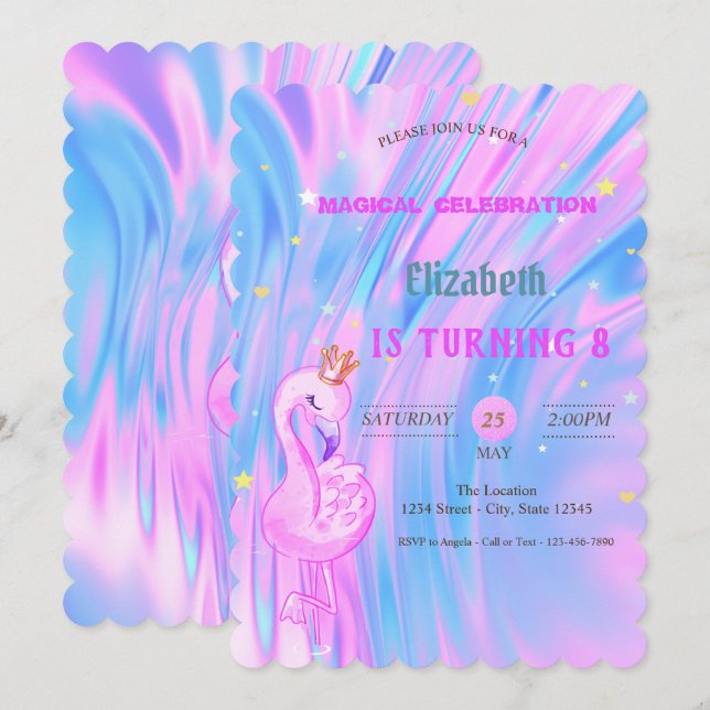 Flamingo,Krona Ombre HoloGrapal Opal Birthday Inbjudningar (Fram/baksida)