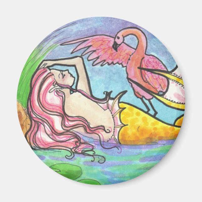 Flamingo Lagoon Sjöjungfru fantasy Art Magnet (Framsidan)