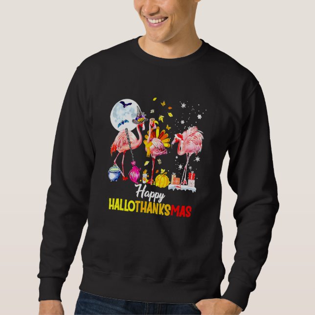 Flamingo Lycklig Hallothanksmas Halloween Thanksgi Lång Ärmad Tröja (Framsida)