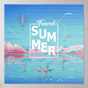 Flamingo, Magic Travel, sommartropisk havsstrand Poster
