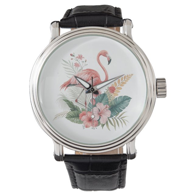 Flamingo Med Blommor Armbandsur (Framsida)