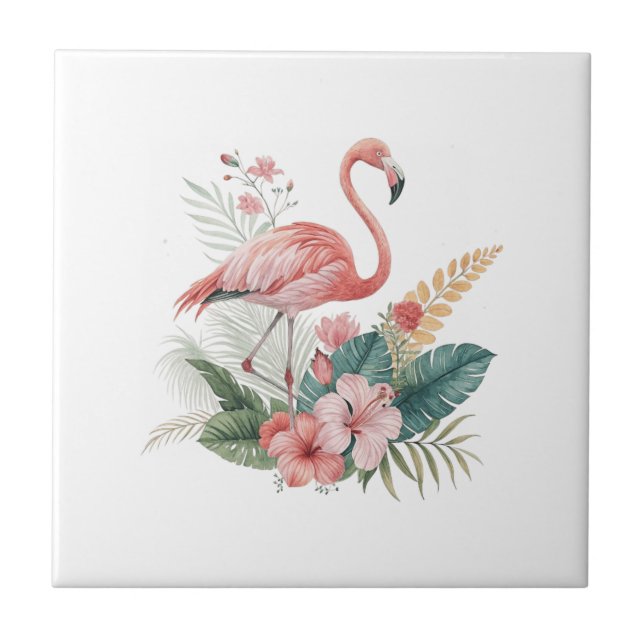 Flamingo Med Blommor Kakelplatta (Framsidan)