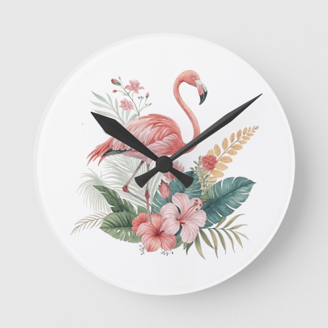 Flamingo Med Blommor Rund Klocka (Framsida)