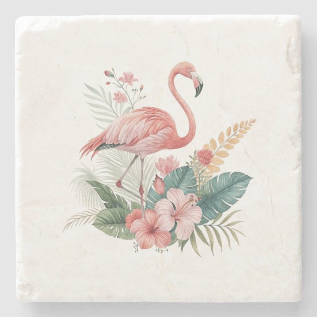 Flamingo Med Blommor Stenunderlägg (Framsidan)