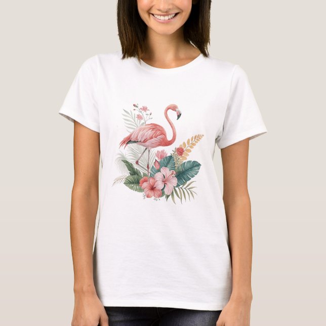 Flamingo Med Blommor T Shirt (Framsida)