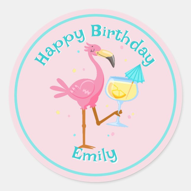 Flamingo med Cocktail Runt Klistermärke (Framsida)