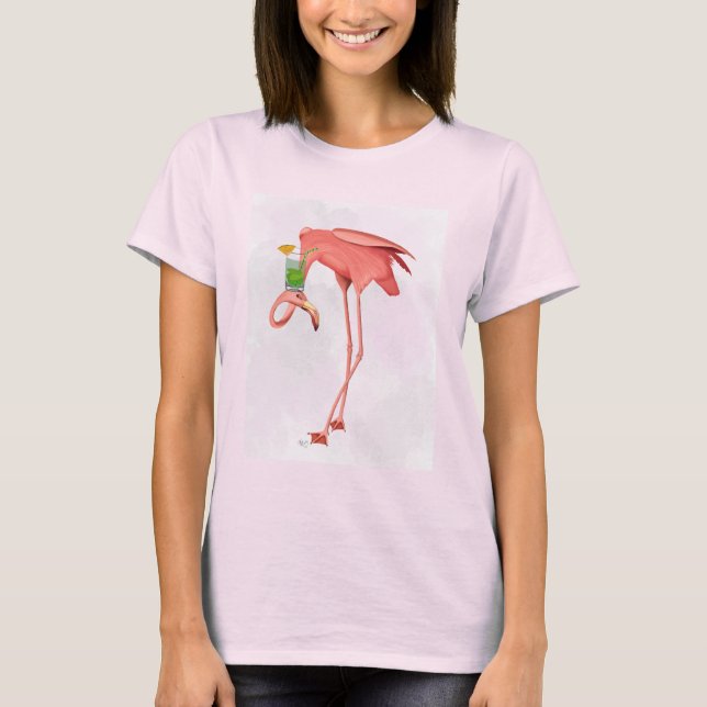 Flamingo med Cocktail T Shirt (Framsida)
