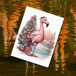 Flamingo med en tomhatt bredvid Julgran Vykort
