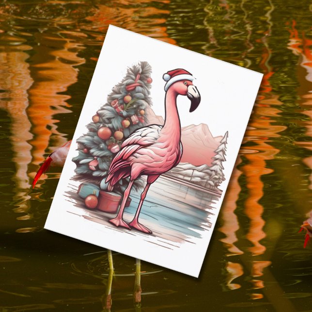 Flamingo med en tomhatt bredvid Julgran Vykort (Skapare uppladdad)