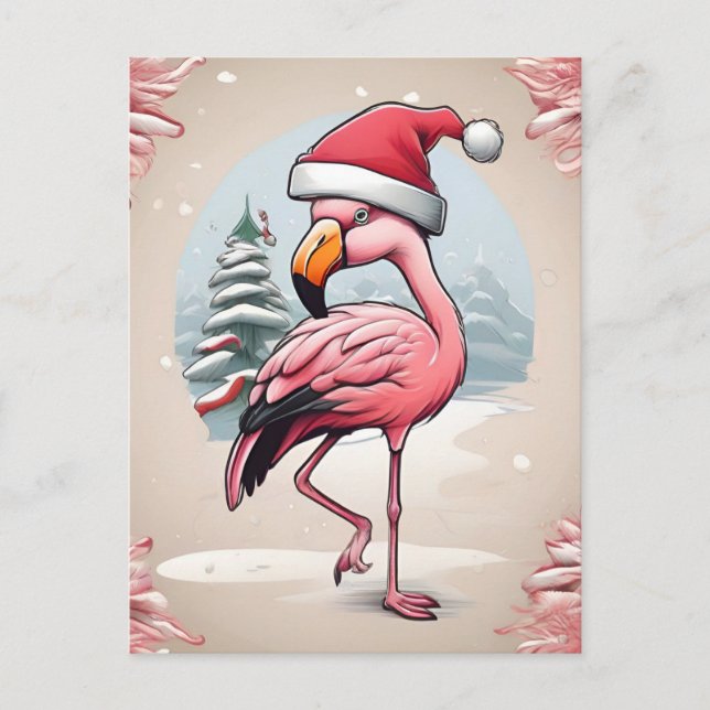 Flamingo med en tomhatt bredvid Julgran Vykort (Framsida)