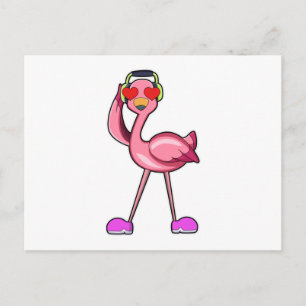 Flamingo med hörlurar & hjärtan vykort