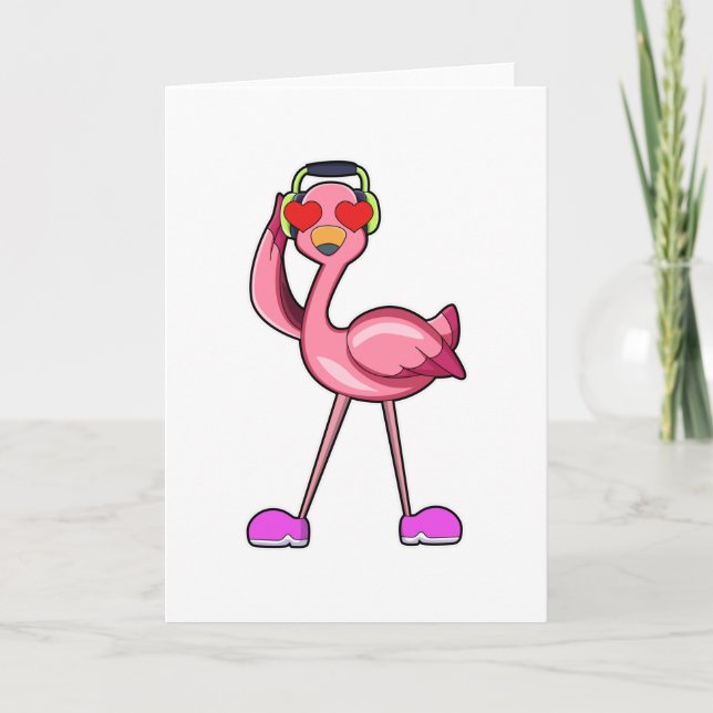 Flamingo med hörlurar och hjärtan kort (Framsida)