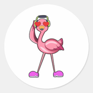 Flamingo med hörlurar och hjärtan runt klistermärke