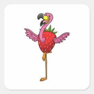 Flamingo med jordgubbsbär fyrkantigt klistermärke