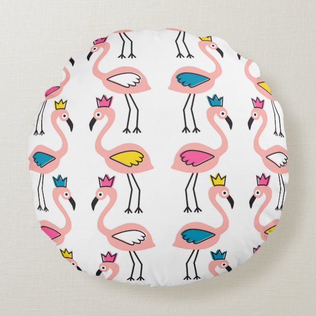 Flamingo med krona sömlös mönster. rund kudde (Framsidan)