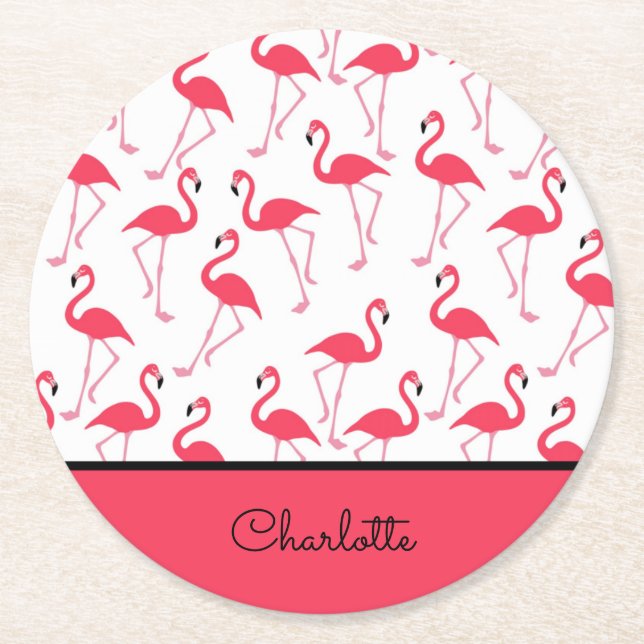 Flamingo med Namn Underlägg Papper Rund (Framsidan)