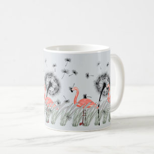 Flamingo med Orange Dandelion och Reed Grass Art Kaffemugg