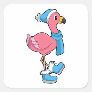 Flamingo med Scarf & Hat Fyrkantigt Klistermärke