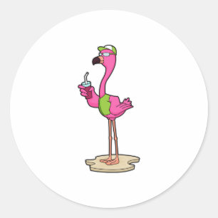 Flamingo med solglasögon och Sockel Runt Klistermärke